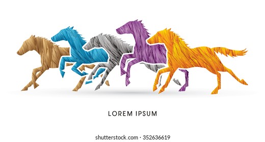 5 horses running, designed using colorful grunge brush graphic vector.