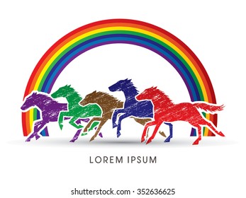 5 horses running, designed using colorful color on rainbows background graphic vector.