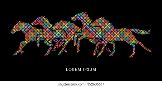 5 horses running, designed using colorful line pixels graphic vector.