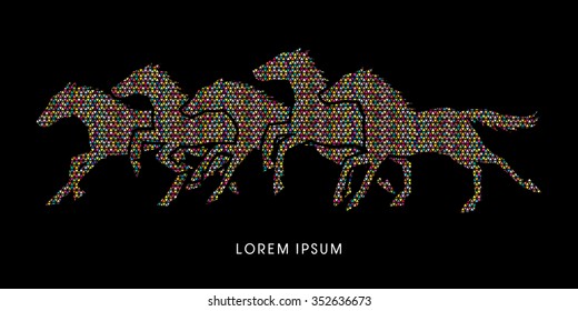 5 horses running, designed using colorful mosaic graphic vector.