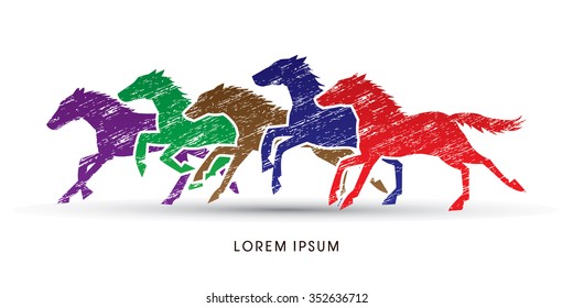 5 horses running, designed using colorful grunge brush graphic vector.