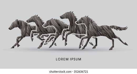 5 horses running, designed using black grunge brush graphic vector.