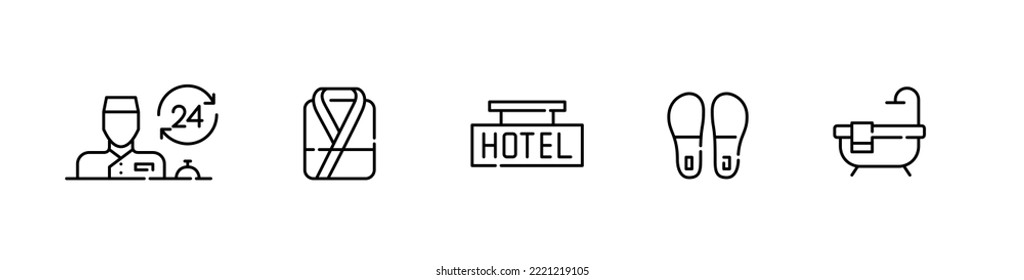 5 hotel icons. 24 hour reception, bathing suit, hotel sign, slippers and bath tub. Pixel perfect, editable stroke