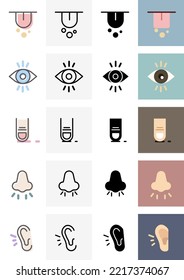 5 human senses illustrations. Taste, sight, touch, smell, hearing. Tongue, eye, finger, nose and ear. Vector trendy thin line icon pictogram designs in different styles.