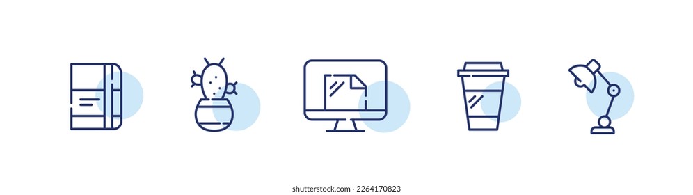 5 icons representing work space. Notebook, cactus in a flower pot, pc with file, paper coffee cup and desk lamp. Pixel perfect, editable stroke line art