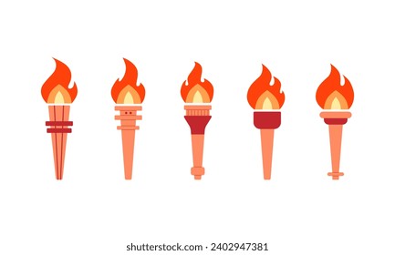 5 icons of torch. Vector torch with fire. Vector illustration