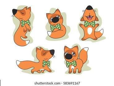 5 illustration of small funny foxes with bows on neck