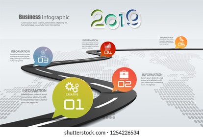 5 infographic frameworks for 2019. can be used for workflow layout, diagrams, option numbers, schedules and steps

