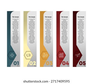 5 opções de infográfico para divisores de relatório visual ou opções de relatório passo a passo. Infográficos vetoriais de 5 etapas para apresentações, relatórios e modelos de informações.