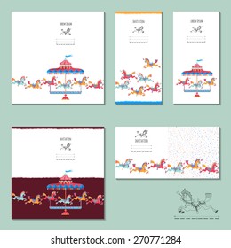 5 invitation cards with vintage carousel horse. Birthday, anniversary, children's party. Vector illustration