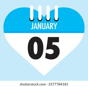 5 January calendar icon sky blue heart shape on light sky blue color background, calendar vector symbol for the month of January.