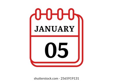5 January calendar icon text page monthly web design on red, black and white background vector, icon, or illustration with the month of January 5