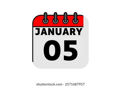 5 January calendar icon text page monthly web design on red, black and white background vector, icon, or illustration with the month of January 5