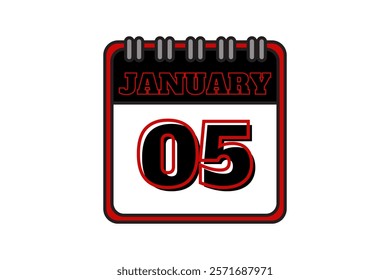 5 January calendar icon text page monthly web design on red, black and white background vector, icon, or illustration with the month of January 5