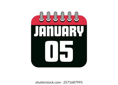 5 January calendar icon text page monthly web design on red, black and white background vector, icon, or illustration with the month of January 5