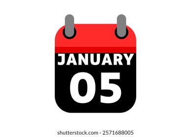 5 January calendar icon text page monthly web design on red, black and white background vector, icon, or illustration with the month of January 5