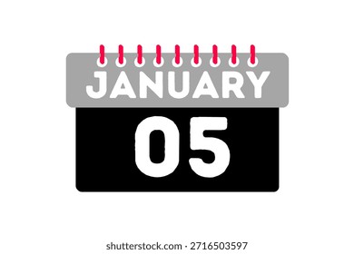 Vetor de dia único de 5 de janeiro mês, ilustração, calendário com vermelho, preto e branco ícone de calendário de fundo de cor de 5 de janeiro