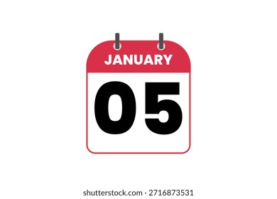 Vetor de dia único de 5 de janeiro mês, ilustração, calendário com vermelho, preto e branco ícone de calendário de fundo de cor de 5 de janeiro