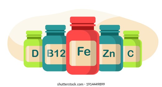 5 jars of dietary supplements with iron, zinc, vitamin D, vitamin b12, vitamin C. Health care concept. 