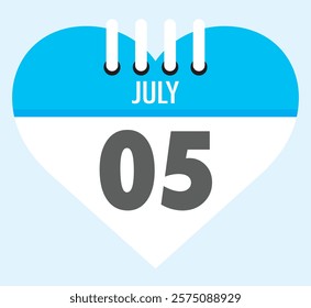 5 July calendar icon sky blue heart shape on light sky blue color background, calendar vector symbol for the month of July.