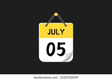 5 July calendar icon text page monthly web design on yellow, red, black, and white background vector, icon, or illustration with the month of July 5