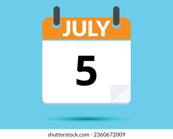 5 July. Flat icon calendar isolated on blue background. Vector illustration.