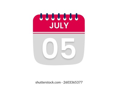 5 July month single day vector, illustration, calendar with red, off white and white color background calendar July 5