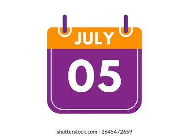 5 july month single day vector, illustration, calendar with orange, purple, ash and white color background calendar icon of july 5
