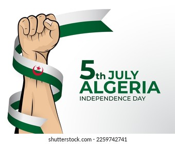 5 de julio. Imagen vectorial de la tarjeta de felicitación del Día de la Independencia para el país de Argelia con puños apretados y una cinta de bandera. Usar para banners en fondo blanco.