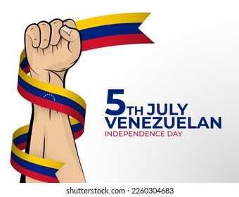 5 de julio. Imagen vectorial de la tarjeta de felicitación del Día de la Independencia para el país de Venezuela con puños apretados y una cinta de bandera. Usar para banners en fondo blanco.