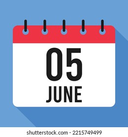 Calendario 5 de junio. Fondo Azul. Calendario de vectores.