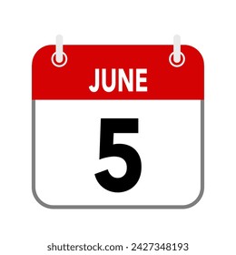 5 de junio, icono de fecha de calendario sobre fondo blanco.