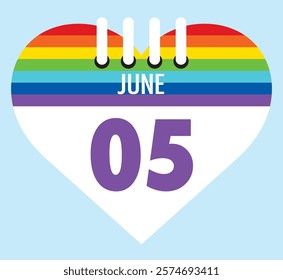 5 June calendar icon pride color heart shape on light sky blue color background, calendar vector symbol for the month of  June.