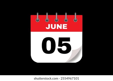 5 June calendar icon text page monthly web design on red, white and black background vector, icon, or illustration with the month of June 5