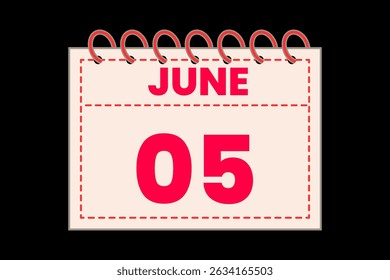 5 June calendar icon text page monthly web design on red, rose and black background vector, icon, or illustration with the month of June 5