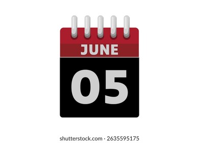 5 June calendar icon text page monthly web design on red, black and white background vector, icon, or illustration with the month of June 5
