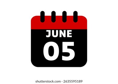 5 June calendar icon text page monthly web design on red, black and white background vector, icon, or illustration with the month of June 5