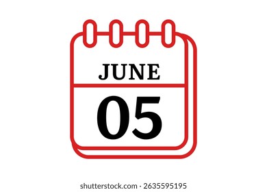 5 June calendar icon text page monthly web design on red, black and white background vector, icon, or illustration with the month of June 5