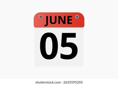 5 June calendar icon text page monthly web design on red, black and white background vector, icon, or illustration with the month of June 5