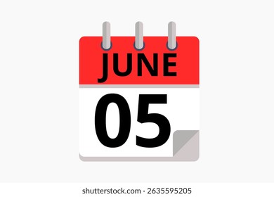5 June calendar icon text page monthly web design on red, black and white background vector, icon, or illustration with the month of June 5