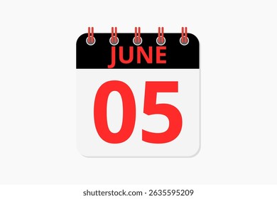 5 June calendar icon text page monthly web design on red, black and white background vector, icon, or illustration with the month of June 5