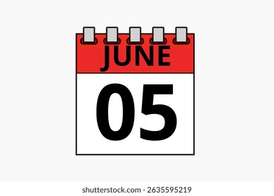 5 June calendar icon text page monthly web design on red, black and white background vector, icon, or illustration with the month of June 5