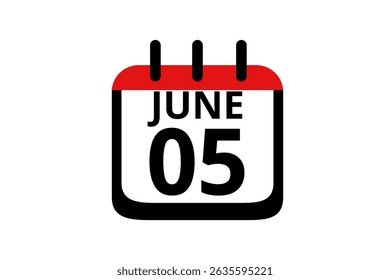 5 June calendar icon text page monthly web design on red, black and white background vector, icon, or illustration with the month of June 5