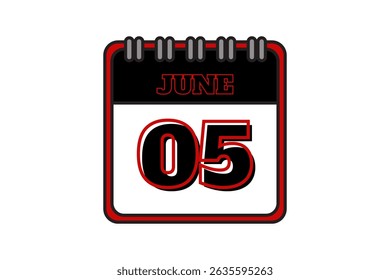 5 June calendar icon text page monthly web design on red, black and white background vector, icon, or illustration with the month of June 5