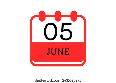5 June calendar icon text page monthly web design on red, black and white background vector, icon, or illustration with the month of June 5