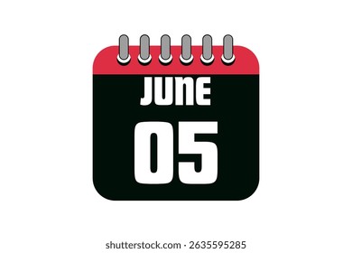 5 June calendar icon text page monthly web design on red, black and white background vector, icon, or illustration with the month of June 5
