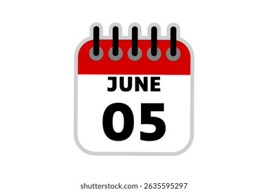 5 June calendar icon text page monthly web design on red, black and white background vector, icon, or illustration with the month of June 5