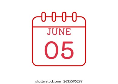 5 June calendar icon text page monthly web design on red, black and white background vector, icon, or illustration with the month of June 5