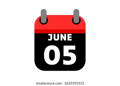 5 June calendar icon text page monthly web design on red, black and white background vector, icon, or illustration with the month of June 5