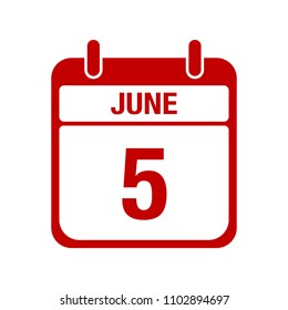 5 june calendar red icon. five